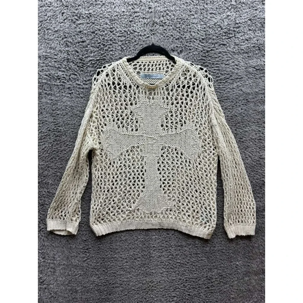 Racer Worldwide Cross Net Weave Oversized Pullover Sweater Beige Size M Unisex - Picture 1 of 11